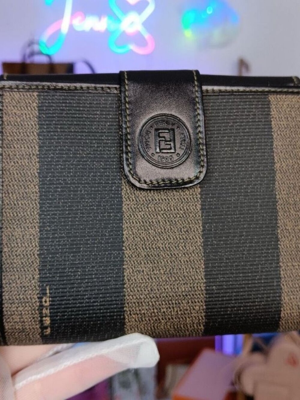 Vintage Fendi Pequin Green/Black Leather Canvas Compact Wallet